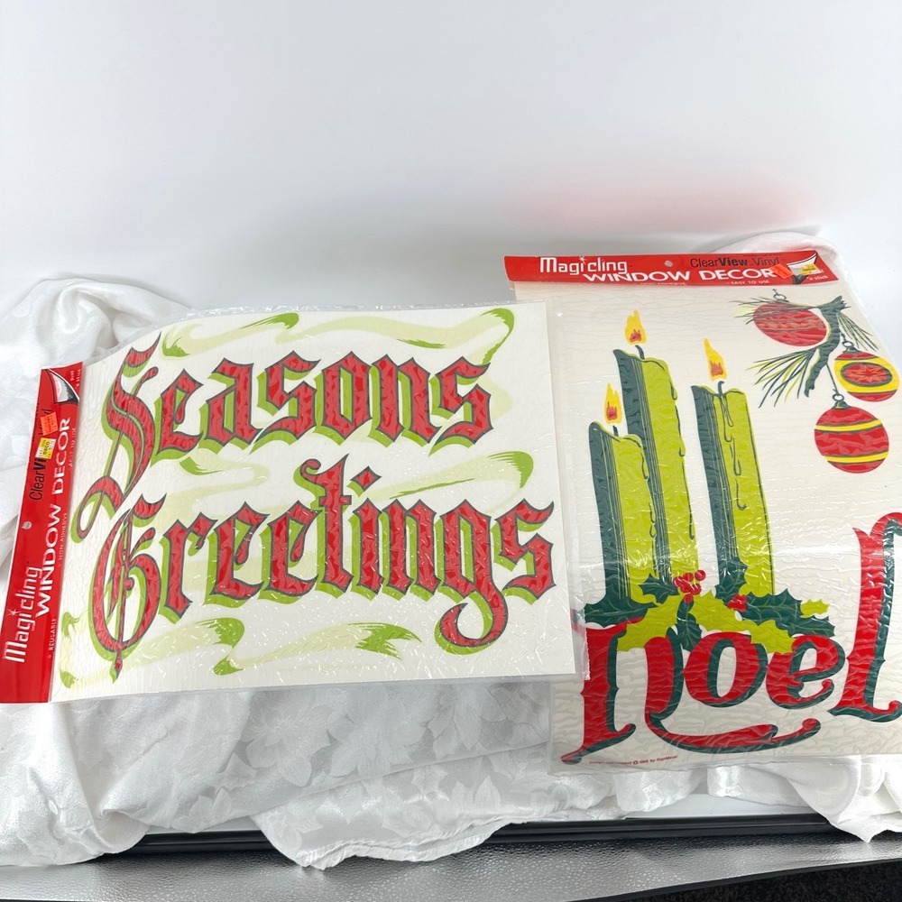 MagiCling Window Decor Red Green NEW 1986 Vintage Noel Seasons Greetings 2pk